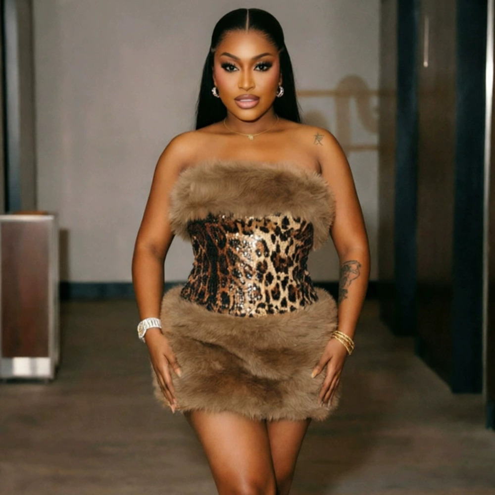 Zara Faux Fur Trim Leopard Sequin Strapless Bodycon Dress